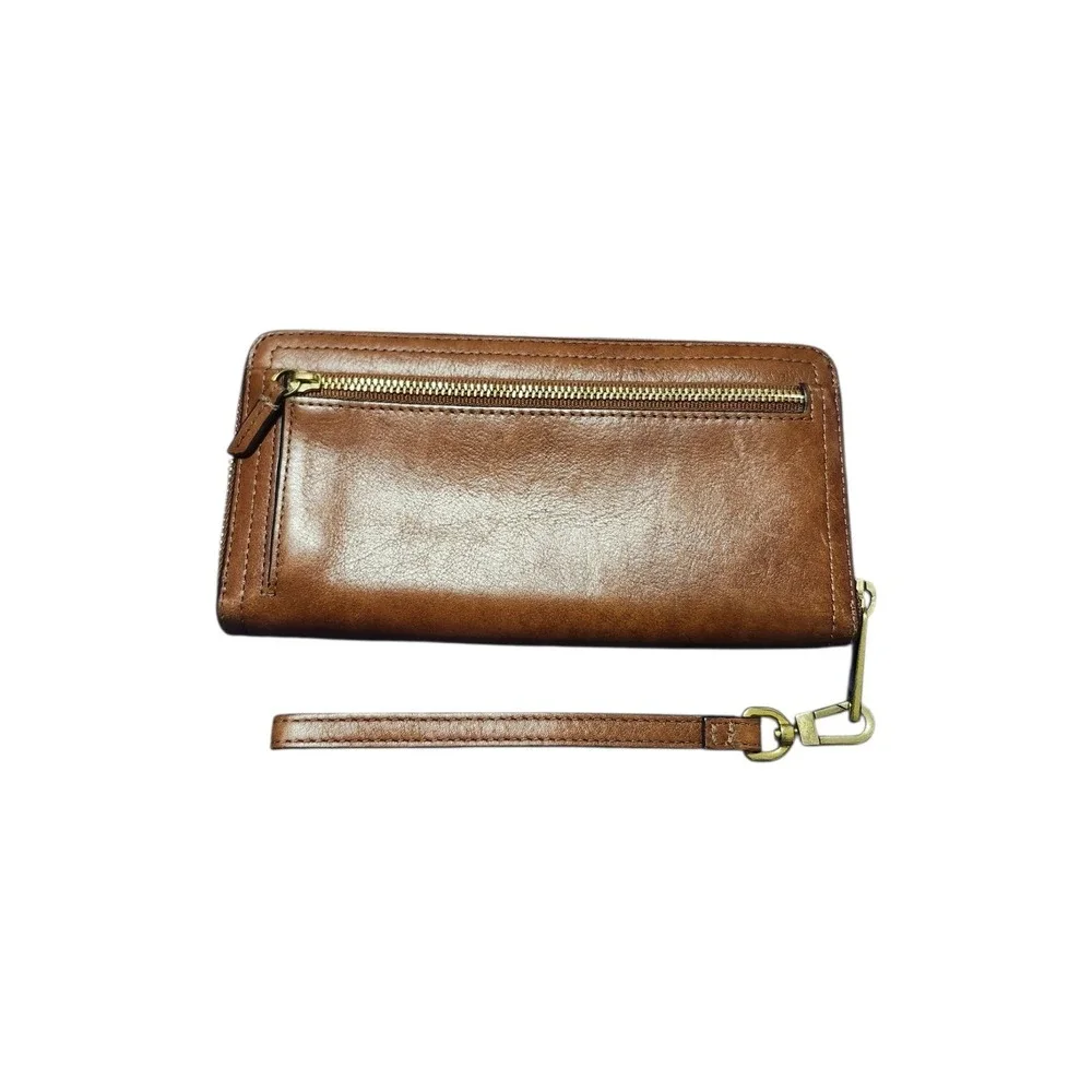 Fossil Logan Zip Around Clutch Wallet British Tan Cognac Leather Wristlet SL7831